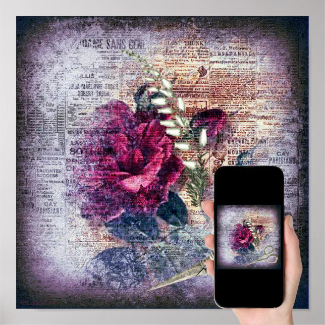 Red Rose Victorian Floral Grunge Poster Zazzle