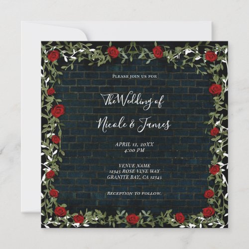 Red Rose Vines Rustic Brick Dark Elegant Wedding Invitation