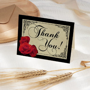Red Rose Vintage Art Deco Photo Wedding Letterpress Thank You Card