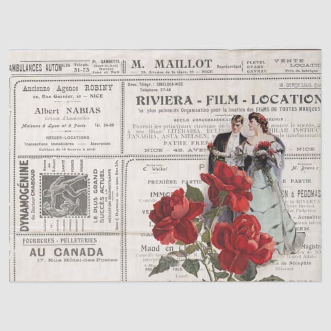 Red Rose Vintage Couple French Advertisement Tissue Paper (Front)