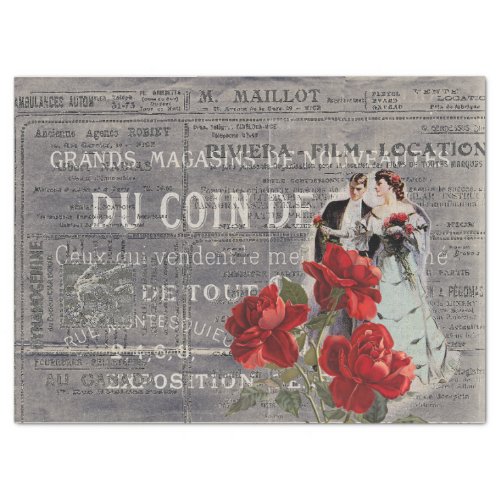 Red Rose Vintage Couple French Typography Collage  Tissue Paper