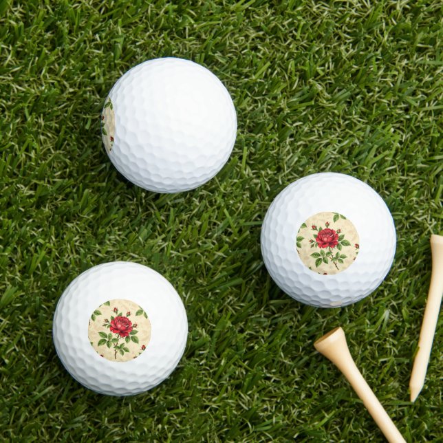 Red rose vintage pattern golf balls (Insitu Grass)