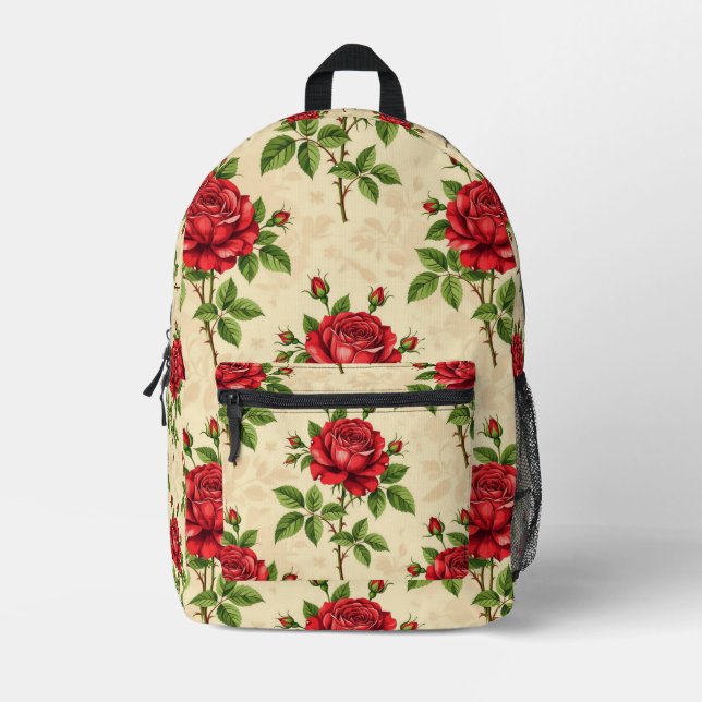 Red rose vintage pattern printed backpack (Front)