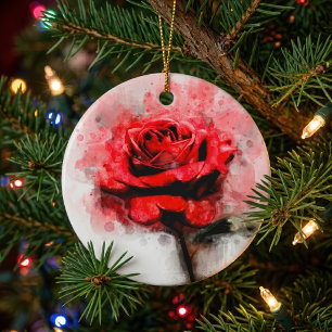 Red Rose Watercolor Art on White Background Ceramic Ornament