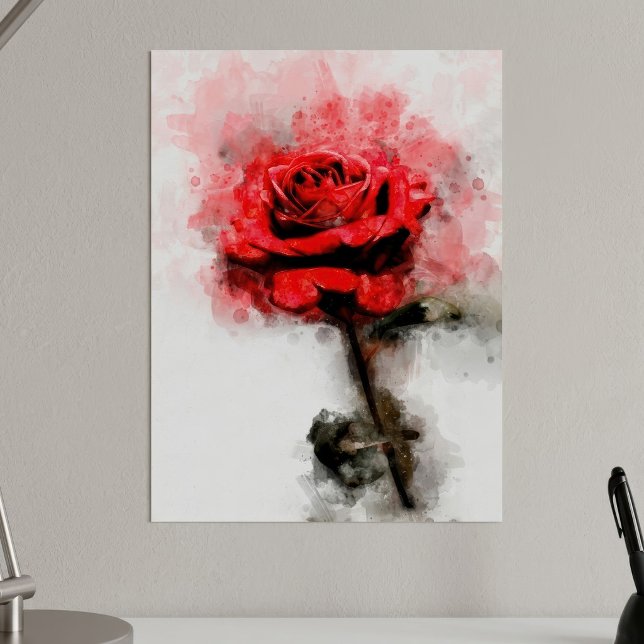 Red Rose Watercolor Art on White Background Poster (Red Rose Watercolor Art on White Background. Poster)