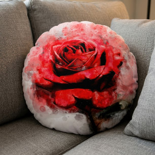 Red Rose Watercolor Art on White Background Round Pillow