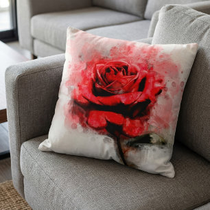 Red Rose Watercolor Art on White Background Throw Pillow