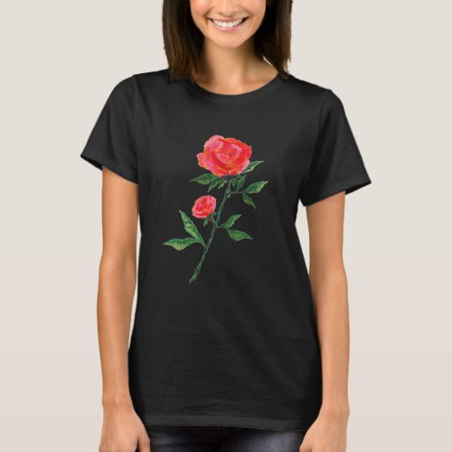 Red Rose Watercolor Black T_Shirt