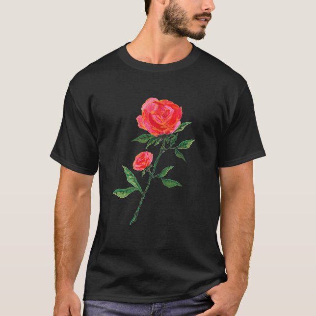Red Rose Watercolor Black T-Shirt (Front)