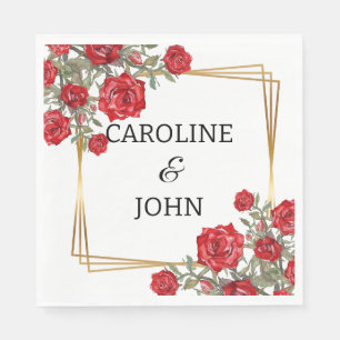 Red Rose Watercolor Botanical Wedding Gold Napkins