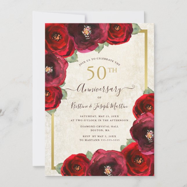 Red Rose Watercolor Floral Gold 50th Anniversary Invitation (Front)