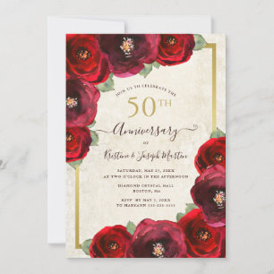 Red Rose Watercolor Floral Gold 50th Anniversary Invitation