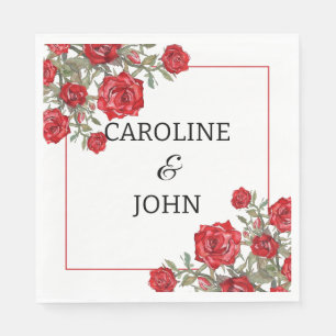 Red Rose Watercolor Floral Red Border Wedding  Napkins