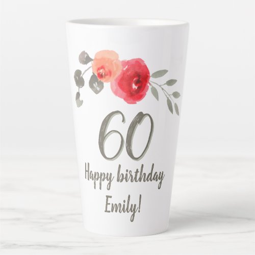 Red Rose Watercolor Flower 60th Birthday Floral  Latte Mug - Red Rose Watercolor Flower 60th Birthday Floral Latte Mug. Watercolor red rose and twigs happy birthday and name in trendy script. Great gift idea for a woman who celebrates her 60th birthday.