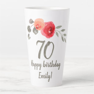Red Rose Watercolor Flower 70th Birthday Floral Latte Mug