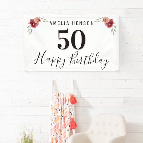 Red Rose Watercolor Flower Floral 50th Birthday Banner