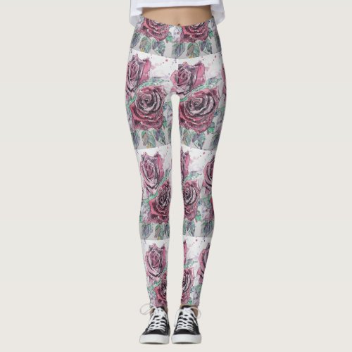 Red Rose Watercolor Flower Red Floral Leggings