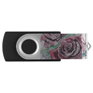 Red Rose Watercolor Flowers Floral Painting Flash Drive