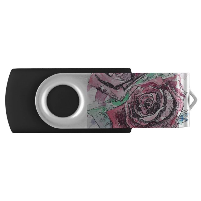 Red Rose Watercolor Flowers Floral Painting Flash Drive (Front)