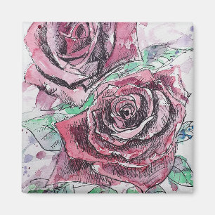 Red Rose Watercolor Flowers Floral Painting Magnet