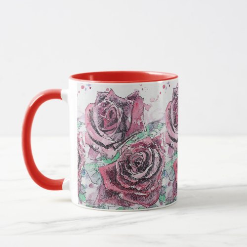 Red Rose Watercolor Flowers Floral Painting Mug