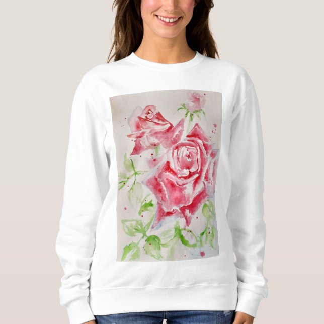Red Rose Watercolor Flowers Floral Painting Roses Sweatshirt (Front)