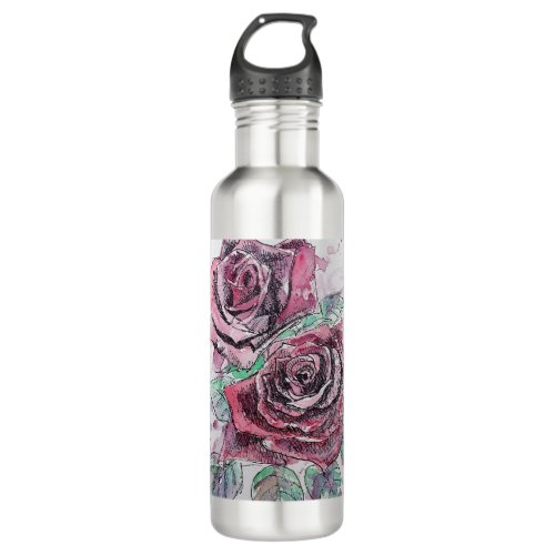 Red Rose Watercolor Flowers Floral Painting Stainless Steel Water Bottle