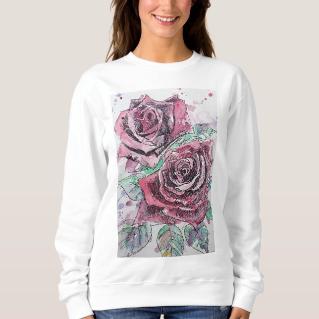 Red Rose Watercolor Flowers Floral Painting Sweatshirt (Front)