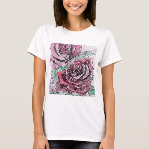 Red Rose Watercolor Flowers Floral Painting T_Shirt