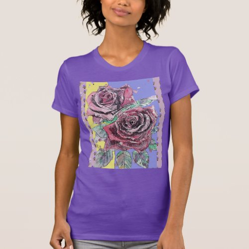 Red Rose Watercolor Flowers Floral Painting T_Shirt