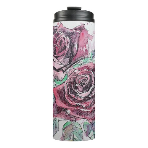 Red Rose Watercolor Flowers Floral Painting Thermal Tumbler