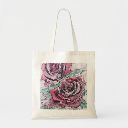 Red Rose Watercolor Flowers Floral Painting Tote Bag
