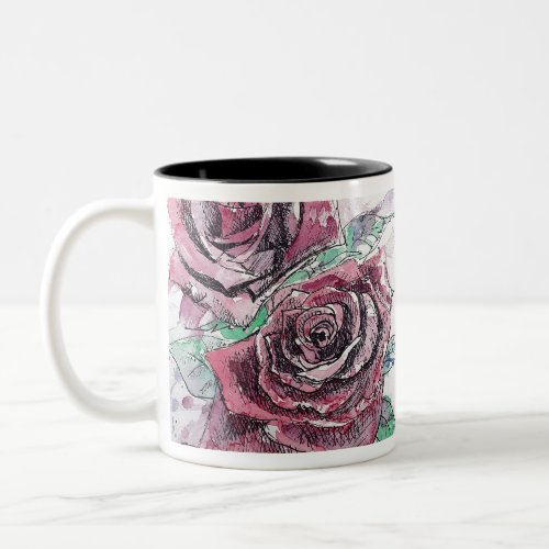 Red Rose Watercolor Flowers Floral Painting Two_Tone Coffee Mug