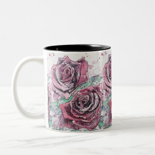 Red Rose Watercolor Flowers Floral Painting Two_Tone Coffee Mug