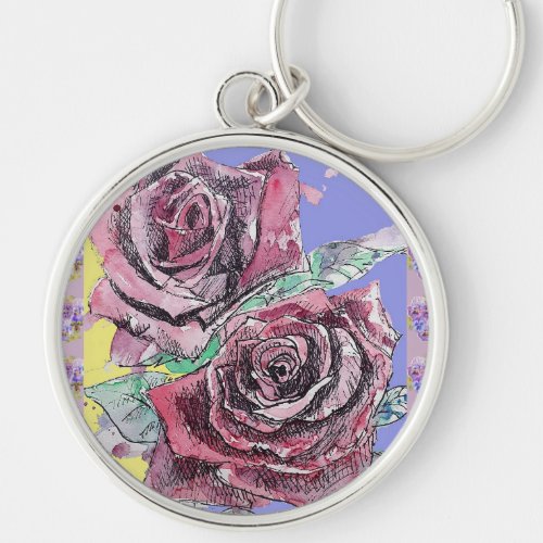 Red Rose Watercolor Flowers Floral Roses Painting Keychain