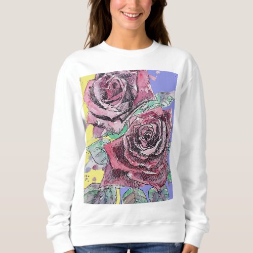 Red Rose Watercolor Flowers Floral Roses Painting Sweatshirt