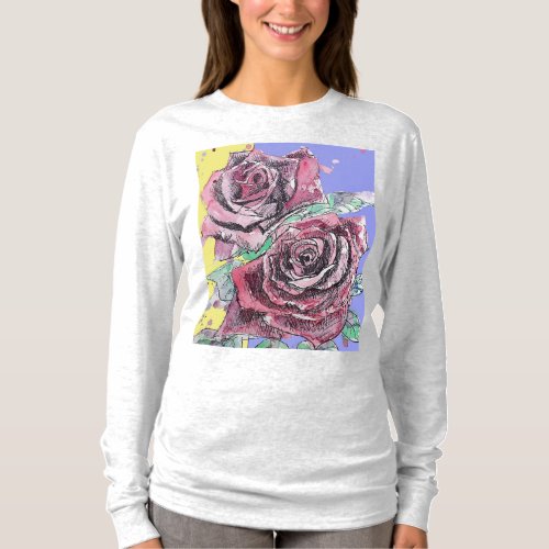 Red Rose Watercolor Flowers Floral Roses Painting T_Shirt