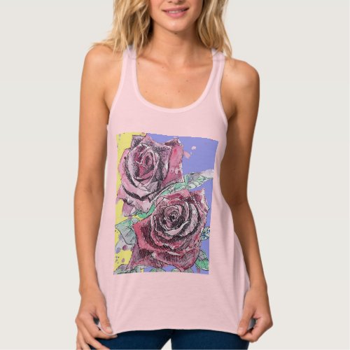 Red Rose Watercolor Flowers Floral Roses Painting Tank Top