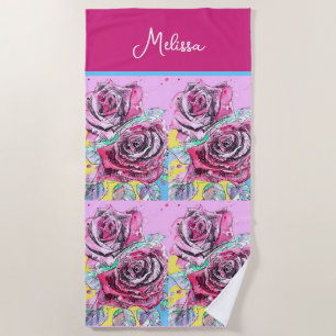 Red Rose Watercolor Flowers Pink Floral Painting Beach Towel