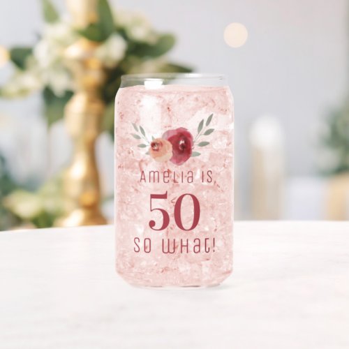 Red Rose Watercolor Positive Floral 50th Birthday Can Glass