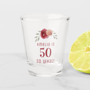 Red Rose Watercolor Positive Floral 50th Birthday Shot Glass
