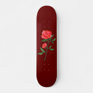 Red Rose Watercolor Red Skateboard