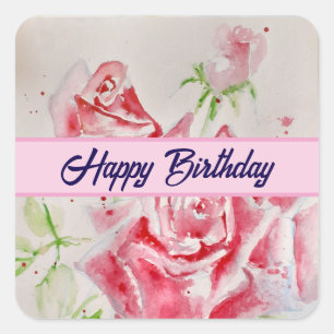 Red Rose Watercolor Roses Happy Birthday Square St Square Sticker