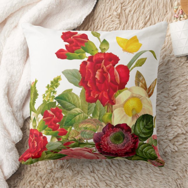 Red Rose Watercolor Trend & Yellow Butterfly  Throw Pillow (Blanket)