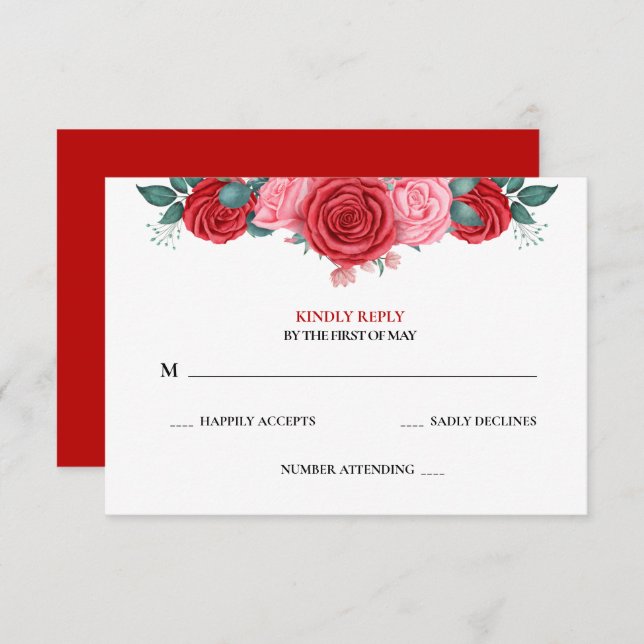 Red Rose Watercolor Wedding  RSVP Card (Front/Back)