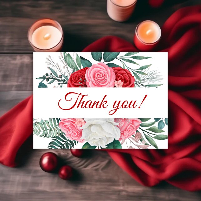 Red Rose Watercolor Wedding  Thank You Card (Red Rose Watercolor Wedding Thank You Card)