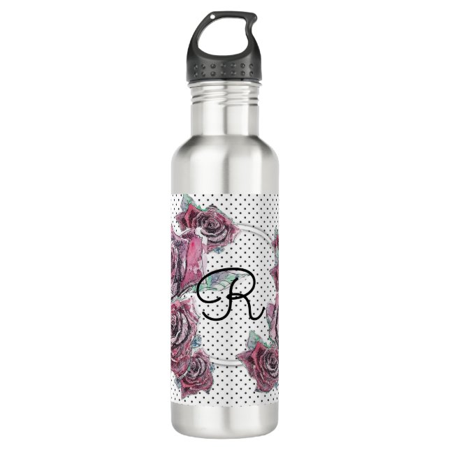 Red Rose Watercolor Womans Initial Water Bottle (Front)