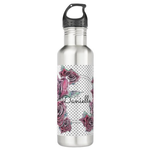 Red Rose Watercolor Womans Polka Dot Water Bottle