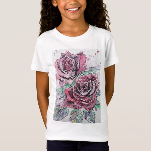 Red Rose watercolour and ink art Girls T Shirt