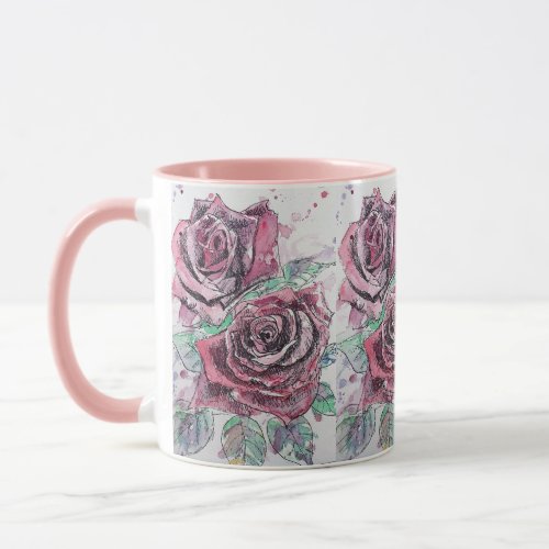 Red Rose Watercolour and Ink roses Painting Mug
